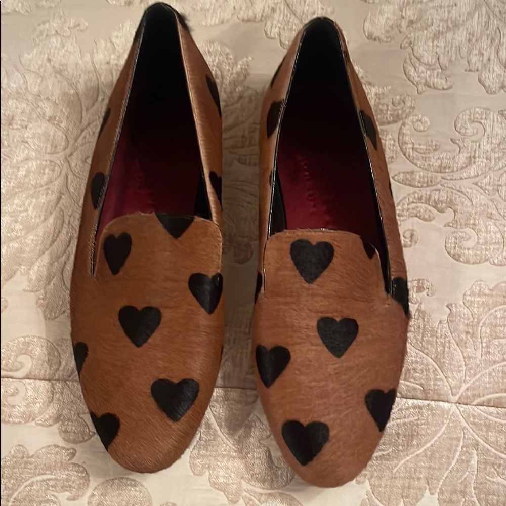 Burberry Tan Calf Hair Heart Print Loafers with Black Hearts